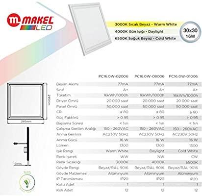 MAKEL 30X30 16W SLIM BEYAZ LED PANEL PC16.0W-01006